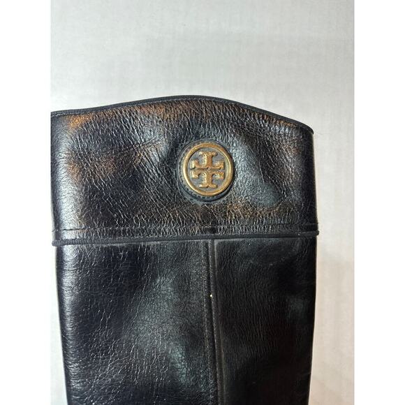 Tory Burch Size 5.5 Logo Tall Side Zipper Riding Boot Black Leather Quiet Luxury - Picture 3 of 12